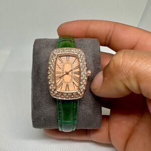 Women's Green Leather Strap Crystal-Accent Rose Gold Watch